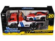 JDM Flatbed Truck #46 Red and White with Blue Stripes and 1972 Datsun 240Z #46 Red and White with Blue Stripes "BRE" "Muscle Transports" Series 1/64 Diecast Models by Muscle Machines image 3