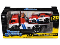 JDM Flatbed Truck #46 Red and White with Blue Stripes and 1972 Datsun 240Z #46 Red and White with Blue Stripes "BRE" "Muscle Transports" Series 1/64 Diecast Models by Muscle Machines image 3