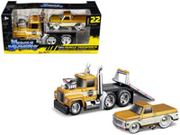 1980 Mack A685ST Flatbed Truck Gold Metallic with Beige Stripes "Madman Garage" and 1972 Chevrolet C10 Pickup Truck Gold Metallic and Beige "Muscle Transports" Series 1/64 Diecast Models by Muscle Machines image 2