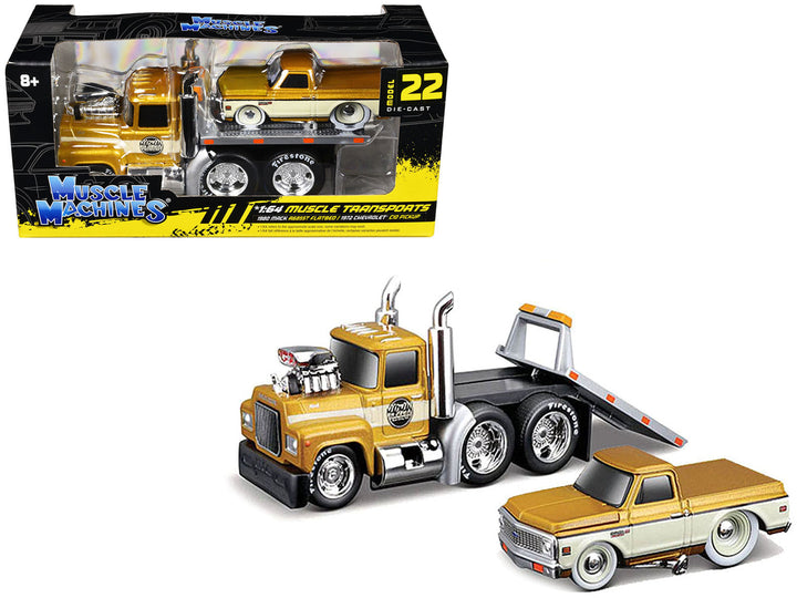 1980 Mack A685ST Flatbed Truck Gold Metallic with Beige Stripes "Madman Garage" and 1972 Chevrolet C10 Pickup Truck Gold Metallic and Beige "Muscle Transports" Series 1/64 Diecast Models by Muscle Machines image 2