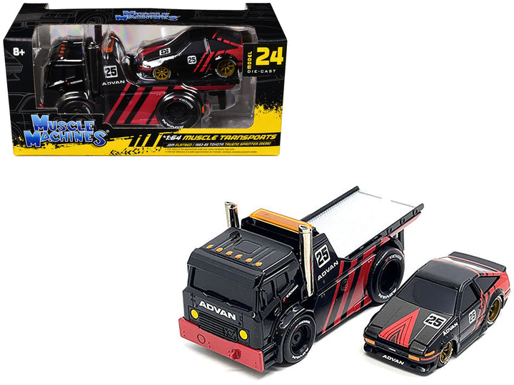 JDM Flatbed Truck #25 Black and Red and 1983-85 Toyota Trueno Sprinter (AE86) #25 Black and Red "Advan" Livery "Muscle Transports" Series 1/64 Diecast Models by Muscle Machines image 2