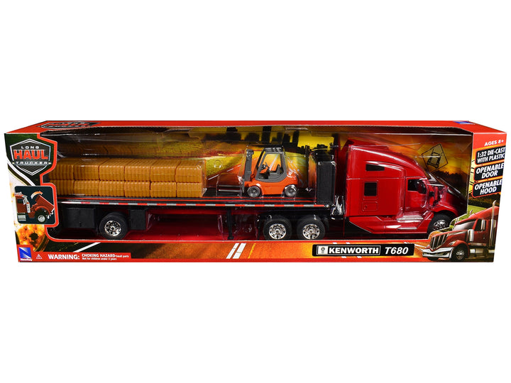 Kenworth T680 Truck Red and Flatbed Trailer with Forklift and Hay Load "Long Haul Trucker" Series 1/32 Diecast Model by New Ray image 2