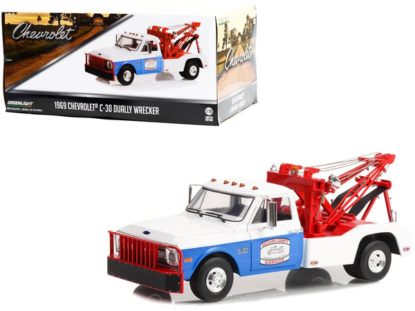 1969 Chevrolet C-30 Dually Wrecker Tow Truck White and Blue "Hazzard County Garage" 1/18 Diecast Model Car by Greenlight