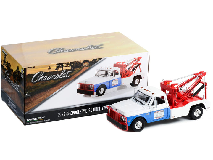 1969 Chevrolet C-30 Dually Wrecker Tow Truck White and Blue "Hazzard County Garage" 1/18 Diecast Model Car by Greenlight image 2