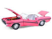 1970 Dodge Challenger R/T 440 Six Pack Panther Pink with Black Stripes White Top and White Interior 1/18 Diecast Model Car by Greenlight image 2
