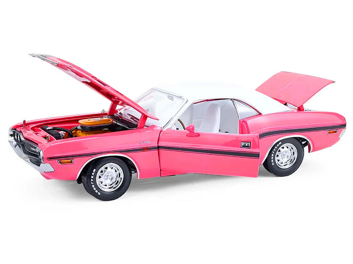 1970 Dodge Challenger R/T 440 Six Pack Panther Pink with Black Stripes White Top and White Interior 1/18 Diecast Model Car by Greenlight image 2