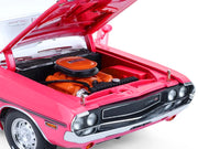 1970 Dodge Challenger R/T 440 Six Pack Panther Pink with Black Stripes White Top and White Interior 1/18 Diecast Model Car by Greenlight image 3