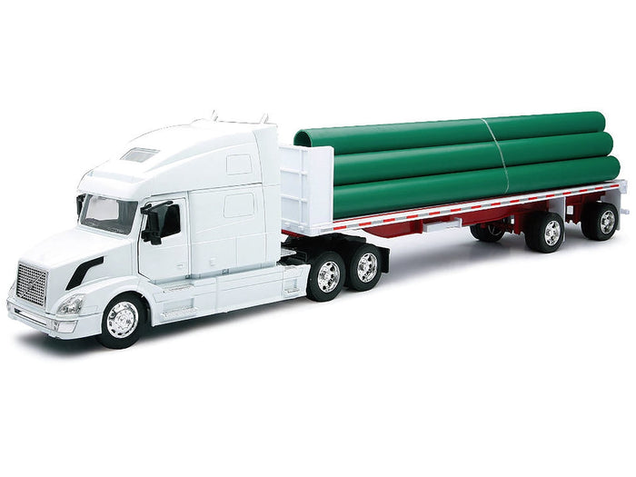 New Ray Volvo VN-780 white truck flatbed trailer pipe load 1:32 14223B, product image 1