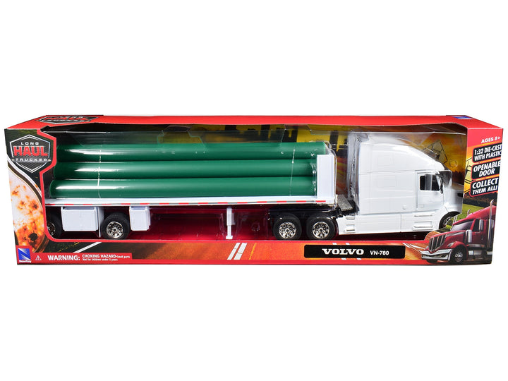 Volvo VN-780 Truck with Flatbed Trailer and Long Pipes White "Long Haul Truckers" Series 1/32 Diecast Model by New Ray image 2