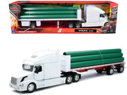 Volvo VN-780 Truck with Flatbed Trailer and Long Pipes White "Long Haul Truckers" Series 1/32 Diecast Model by New Ray image 3