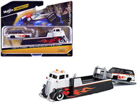 Maisto 1:64 COE flatbed and 1979 Chevrolet K5 Blazer set in white and black with flame graphics.