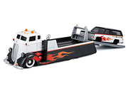 COE Flatbed Truck White and Black with Flame Graphics and 1979 Chevrolet K5 Blazer Black and White with Flame Graphics "Elite Transport" Series 1/64 Diecast Models by Maisto image 2