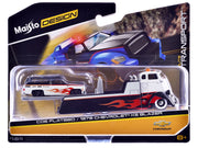 COE Flatbed Truck White and Black with Flame Graphics and 1979 Chevrolet K5 Blazer Black and White with Flame Graphics "Elite Transport" Series 1/64 Diecast Models by Maisto image 3