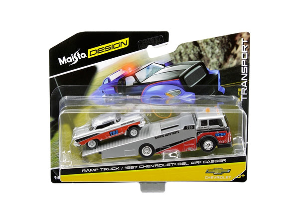 Maisto 1:64 1957 Chevrolet Bel Air Gasser #786 and ramp tow truck set in silver and red.