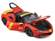 Ferrari SF90 Stradale Assetto Fiorano #50 Red with Black Top and Yellow Stripes "Race + Play" Series 1/18 Diecast Model Car by Bburago image 2