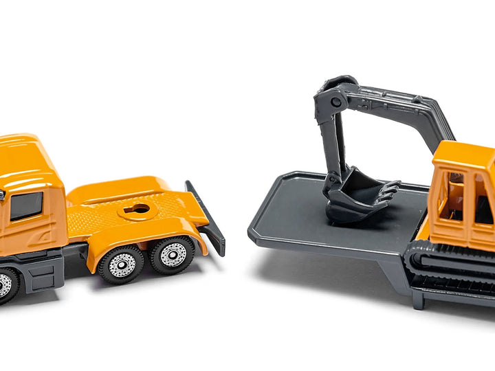 Truck with Low Loader Trailer and Excavator Yellow Diecast Model by Siku image 2