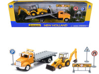 Peterbilt 335 Roll-Off Flatbed Truck and New Holland B110C Backhoe Loader with Street Signs "New Holland Construction" Diecast Models by New Ray image 2
