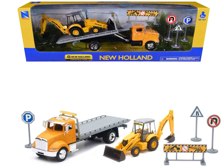 Peterbilt 335 Roll-Off Flatbed Truck and New Holland B110C Backhoe Loader with Street Signs "New Holland Construction" Diecast Models by New Ray image 2