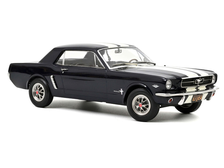 1965 Ford Mustang Hardtop Coupe Nightmist Blue Metallic with White Stripes 1/18 Diecast Model Car by Norev image 2