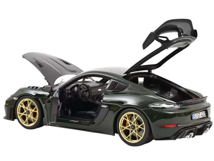 2023 Porsche Cayman GT4 RS Weissach Pack Brewster Green with Carbon Hood 1/18 Diecast Model Car by Norev image 2