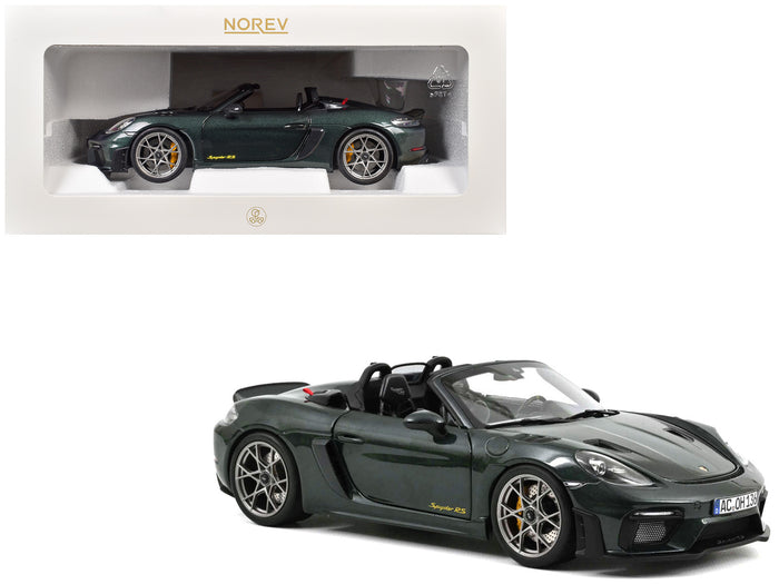 2023 Porsche 718 Spyder RS Weissach Pack Forest Green Metallic with Carbon Hood Stripes 1/18 Diecast Model Car by Norev