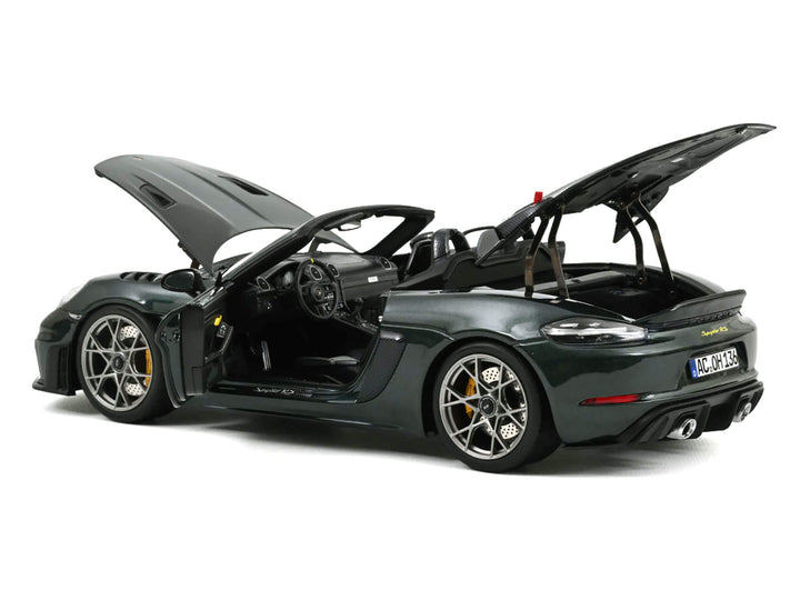 2023 Porsche 718 Spyder RS Weissach Pack Forest Green Metallic with Carbon Hood Stripes 1/18 Diecast Model Car by Norev image 2