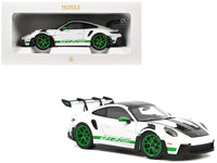 2022 Porsche 911 GT3 RS Weissach Pack White with Green Stripes And Carbon Hood and Top 1/18 Diecast Model Car by Norev