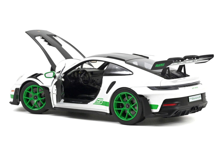 2022 Porsche 911 GT3 RS Weissach Pack White with Green Stripes And Carbon Hood and Top 1/18 Diecast Model Car by Norev image 2