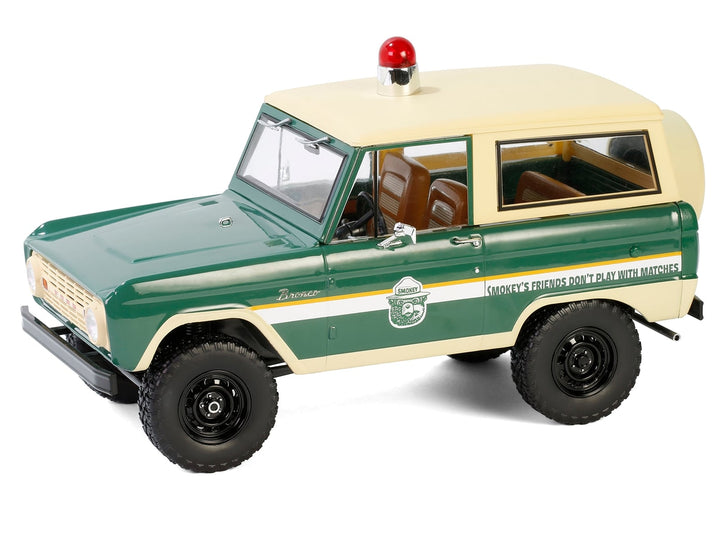 1967 Ford Bronco "Smokey Bear Forest Ranger" Green and Cream with White Stripes "Artisan Collection" 1/18 Diecast Model Car by Greenlight image 2