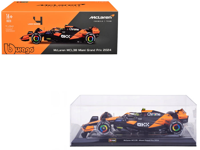 McLaren MCL38 #4 Lando Norris "OKX" Winner Formula One F1 "Miami GP" (2024) with Display Case 1/24 Diecast Model Car by Bburago
