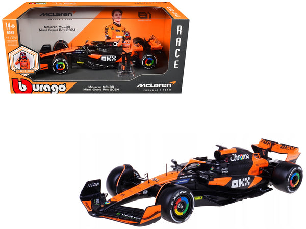 McLaren MCL38 #81 Oscar Piastri "OKX" Formula One F1 "Miami GP" (2024) with Driver Figure "Race" Series 1/24 Diecast Model Car by Bburago