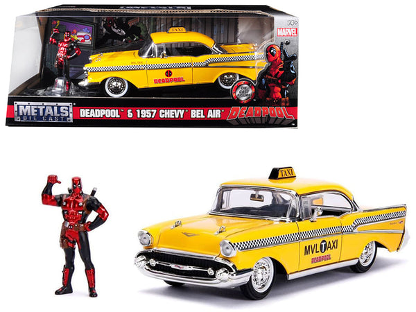 Yellow 1957 Chevrolet Bel Air taxi with included Deadpool figure and Marvel box, Jada 30290, 1:24