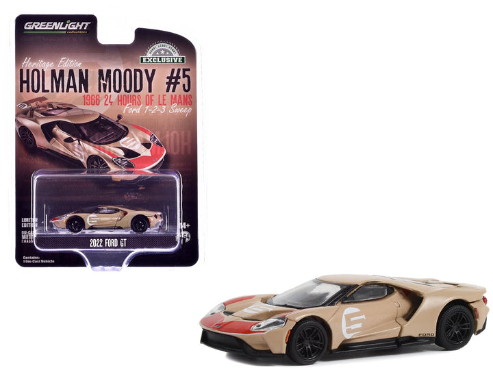 2022 Ford GT Heritage Edition #5 Holman-Moody "1966 24 Hours of Le Mans Ford 1-2-3 Sweep Tribute" Gold Metallic with Red Accents "Hobby Exclusive" Series 1/64 Diecast Model Car by Greenlight image 2
