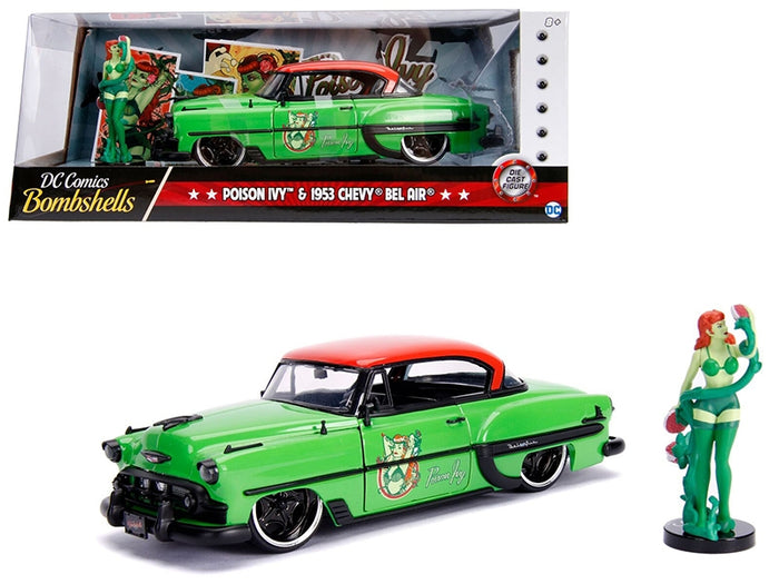 Jada 30455 green and red-top 1953 Chevrolet Bel Air with Poison Ivy figure, DC Bombshells 1:24