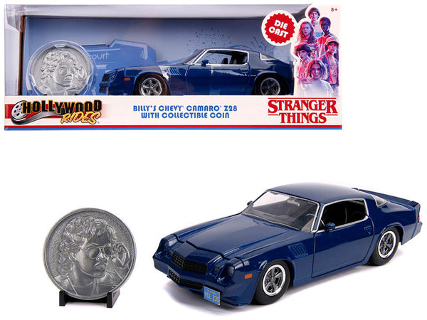 Jada 31110 Billy's dark blue Chevrolet Camaro Z28 with collectible coin, Stranger Things, 1:24 diecast
