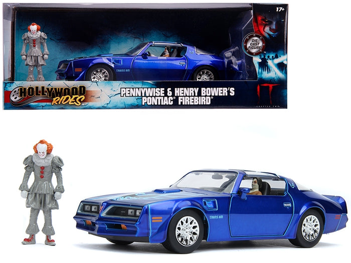 Jada 31118 candy blue Pontiac Firebird Trans Am and Pennywise figure, It Chapter Two, 1:24 set