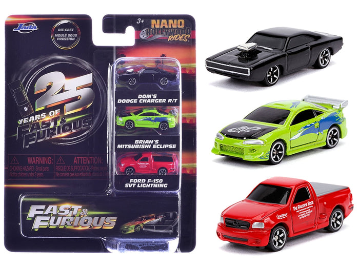 Jada 31123 Fast & Furious 25th Anniversary Nano Hollywood Rides 3-piece set in packaging, with a black Dodge Charger, green Mitsubishi Eclipse, and red Ford F-150.