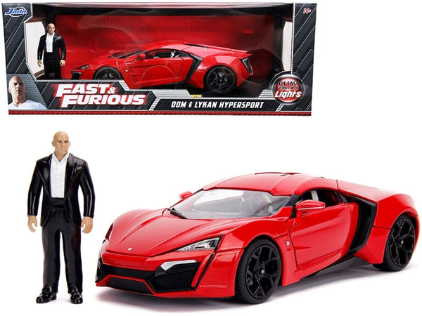 Red Lykan Hypersport with lights and Dom figure, 1:18, car, included figure and Fast & Furious box — Jada 31140