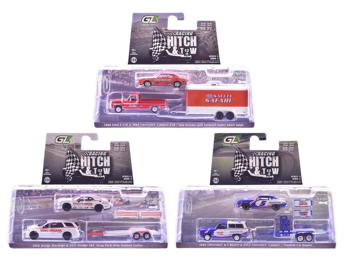 Three packaged GreenLight Racing Hitch & Tow Series 6 combinations: Safety Safari, Ramchargers and Kyle Larson, 1:64.