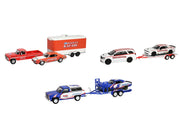 All three GreenLight Racing Hitch & Tow Series 6 combinations displayed unboxed: six vehicles and three trailers.