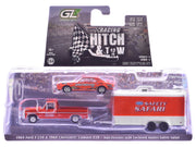 Packaged red Ford F-250, orange Dan Fletcher Camaro and enclosed NHRA Safety Safari trailer, GreenLight 1:64.