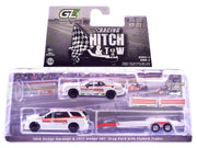 Packaged white-and-red Ramchargers Dodge Durango, Challenger and flatbed trailer, GreenLight 1:64.