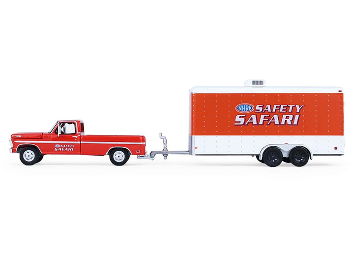 1969 Ford F-250 Pickup Truck Red and 1969 Chevrolet Camaro Z28 "Dan Fletcher" Orange with White Hood "NHRA Safety Team" with Enclosed Car Trailer "Racing Hitch & Tow" Series 6 1/64 Diecast Model Cars by Greenlight image 2