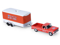 Angled view of the red NHRA Ford F-250 and red-and-white enclosed Safety Safari trailer, GreenLight 1:64 31190A.