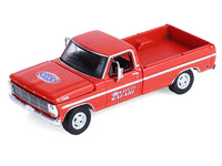 Front three-quarter view of the red 1969 Ford F-250 with NHRA Safety Safari graphics and white side trim, GreenLight 1:64.