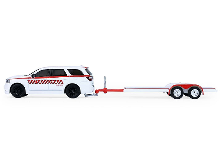 2018 Dodge Durango White with Red Stripes and 2021 Dodge Challenger SRT White with Red Stripes "Ramchargers" with Flatbed Trailer "Racing Hitch & Tow" Series 6 1/64 Diecast Model Cars by Greenlight image 2