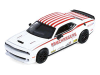 White Ramchargers Dodge Challenger with red roof stripes and a black rear wing, GreenLight 1:64 31190B.