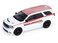 Front three-quarter view of the white Dodge Durango with red Ramchargers stripes, GreenLight 1:64 31190B.
