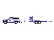1986 Chevrolet K5 Blazer Blue and White and 1969 Chevrolet Camaro #5 Blue and White "Kyle Larson - Hendrick Motorsports" with Tandem Car Trailer "Racing Hitch & Tow" Series 6 1/64 Diecast Model Cars by Greenlight image 2