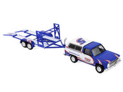 1986 Chevrolet K5 Blazer Blue and White and 1969 Chevrolet Camaro #5 Blue and White "Kyle Larson - Hendrick Motorsports" with Tandem Car Trailer "Racing Hitch & Tow" Series 6 1/64 Diecast Model Cars by Greenlight image 3